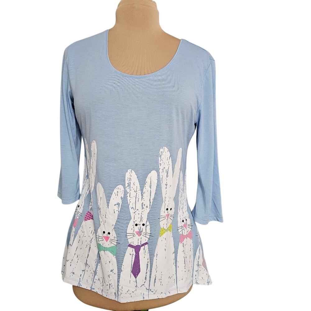 Blue Easter Bunny Print Women's‎ Top Small Artsy Painted Spring T Shirt Casual